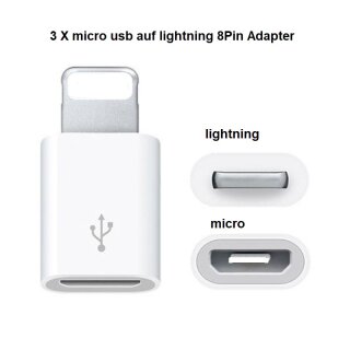3X Micro USB auf Lightning 8Pin Lade Adapter f&uuml;r Apple iPhone iPad Connector IOS
